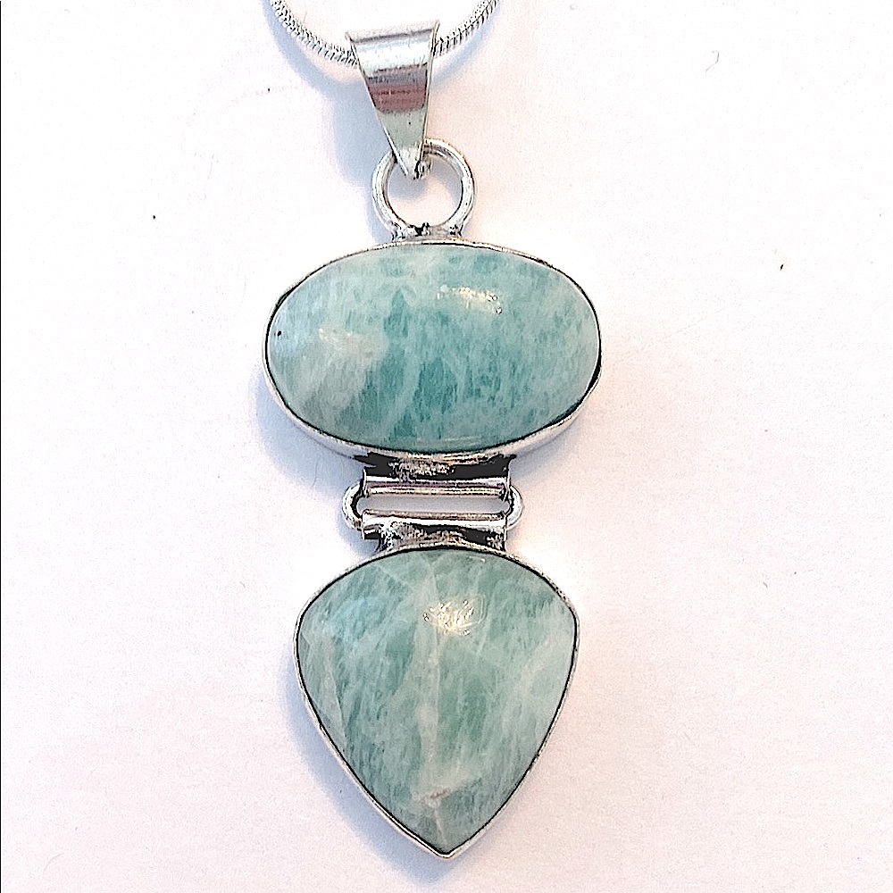 2 inch, 2 stone, hinged, Amazonite pendant on a silver chain.